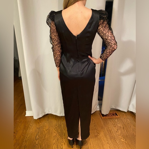 VINTAGE Black Satin Dress Printed Lace Overlay and Gold Detail | Modern Size XS - Picture 2 of 8